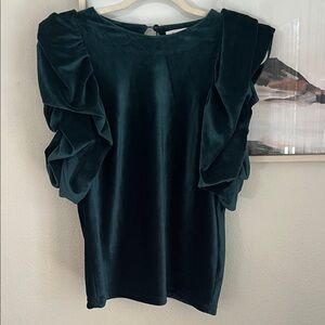 Anthropologie THML emerald green velvet corduroy top with ruffle sleeves.